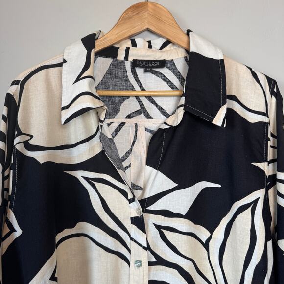 Rachel Zoe Palm Print Button Down Shirt 3X Women Black White Linen Rayon Boxy - Picture 2 of 8